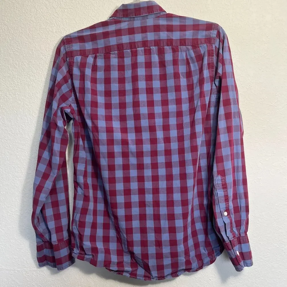 J CREW 100% Cotton Blue Burgundy Gingham Button Down Long Sleeve Shirt Men XS